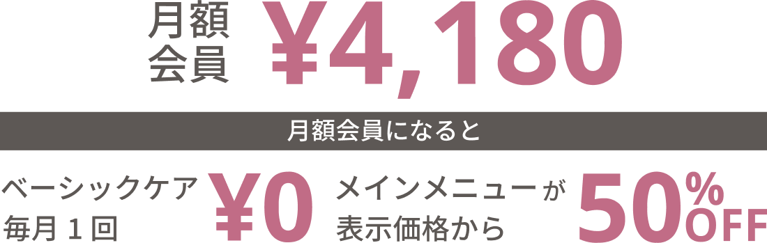 月額会員￥4,180 月額会員になるとベーシックケア毎月1回￥0 さらにメインメニューが表示価格から50%OFF